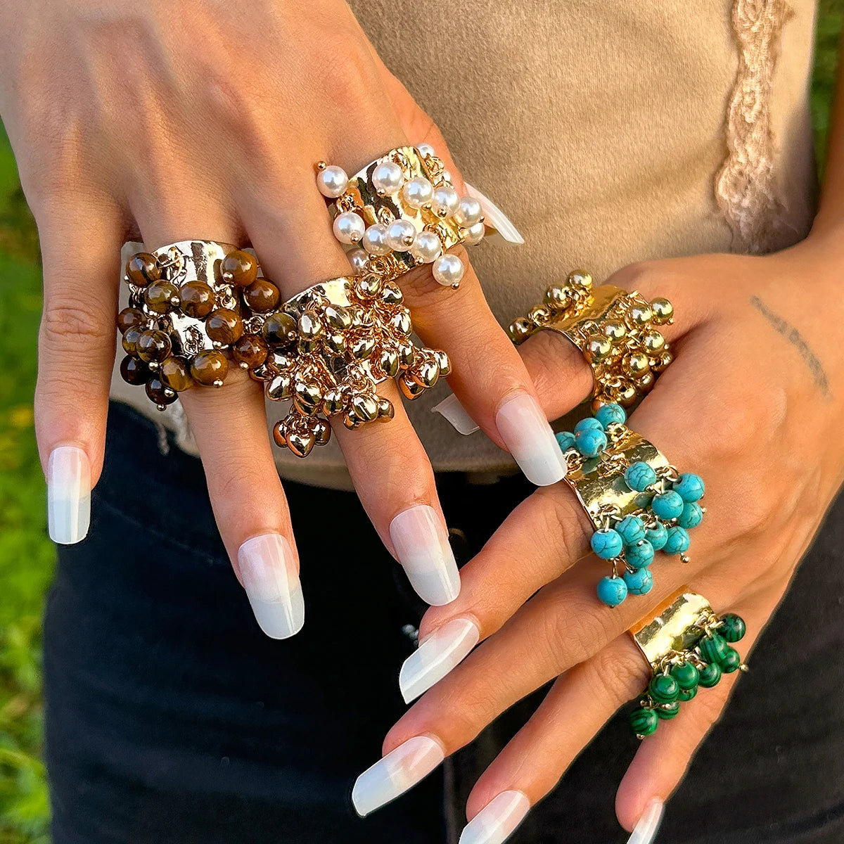 KunJoe Vintage Colourful Natural Stone Beads Open Ring Women Bohemian Imitation Pearl Chunky Wide Finger Rings Party Accessories