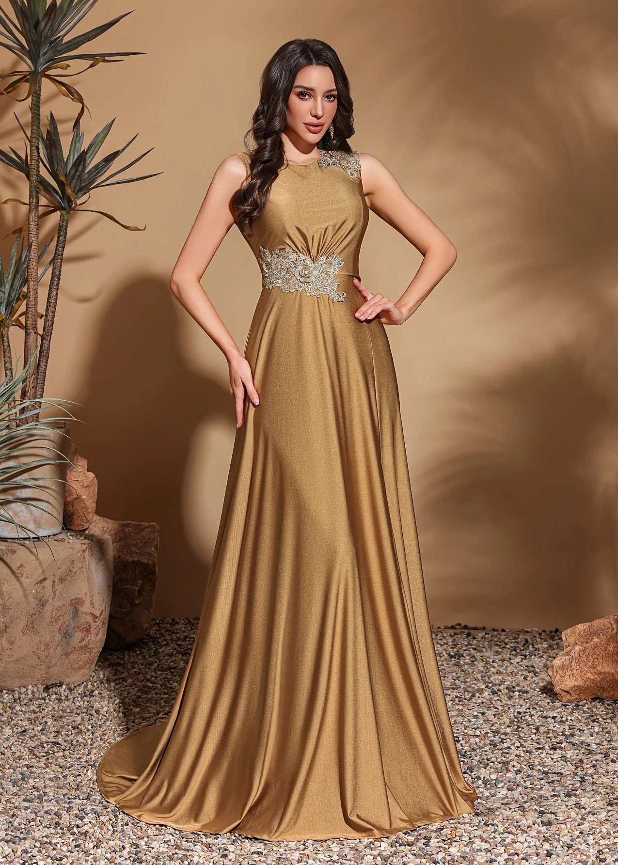 Asymmetrical applique sleeveless round neck slit back floor-length gown, women's long dress, party dress