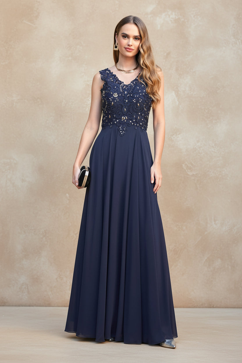Navy Blue Chiffon Lace Beaded Evening Dresses V Neck Crystal Sleeveless Elegant Formal Party Prom Gowns Vestido De Fiesta Bride