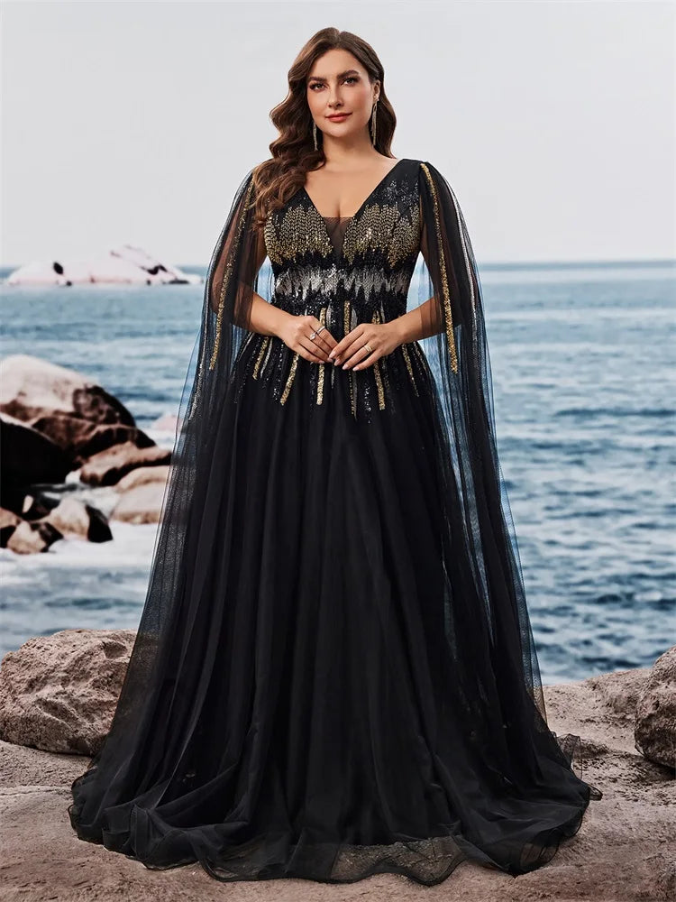 Plus Size Luxury Floor-standing sleeves Sequins Evening Dresses Women V-neck Formal Wedding Party Cocktail Gowns Vestidos