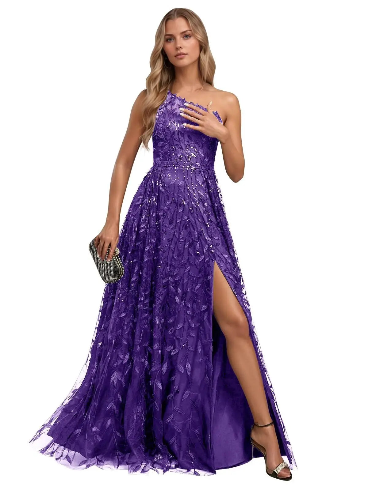 Lace Embroidered sequins Prom Dresses for Women One Shoulder Formal Party Dress Sleeveless Maxi Evening Gown with Slit