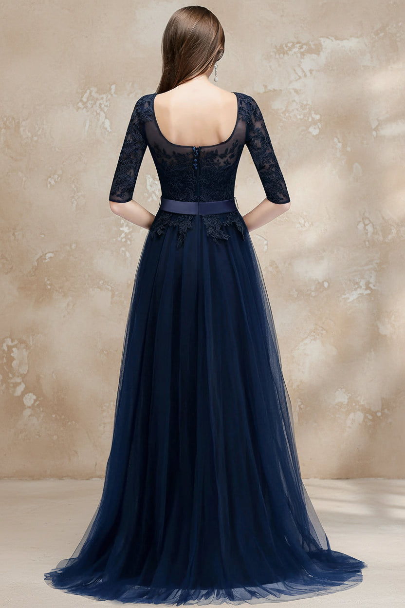 Navy Blue Lace Long Evening Dresses Elegant Half Sleeve Appliques Tulle Formal Party Prom Gown Backless With Belt Robe De Soiree