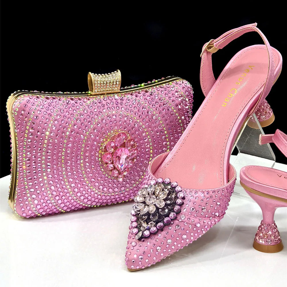 Venus Chan Blue Color Rhinestone Comfortable high heel shoe And Bag Fashion Style Pointed-Toe Shoes For Women Or Commuting Shoes