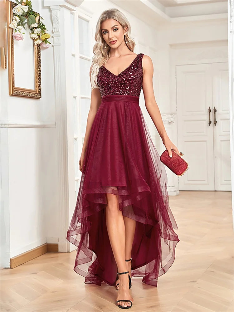 Elegant Women Sleeveless Sequins V-Back Floor Length Formal Evening Dresses Luxury V-neck Wedding Party Cocktail Gowns