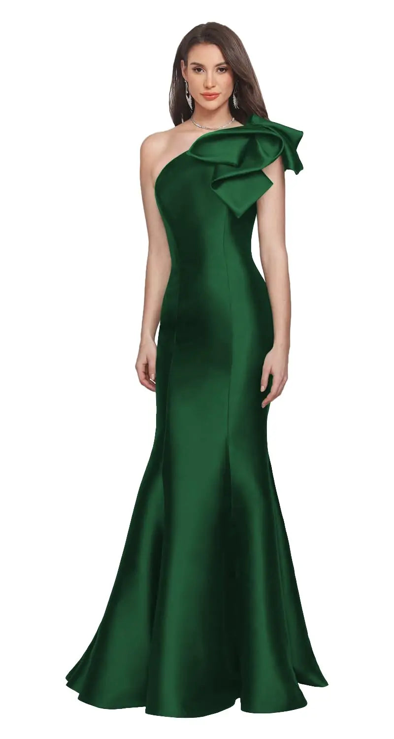 One Shoulder Prom Dresses Satin Mermaid Long Gowns With Bow