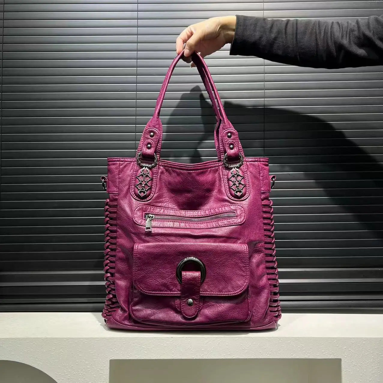 Ladies' Fashion Street Y2K Hot Girl Washed Used Motorcycle Bag Large Capacity Retro Single Shoulder Handbag