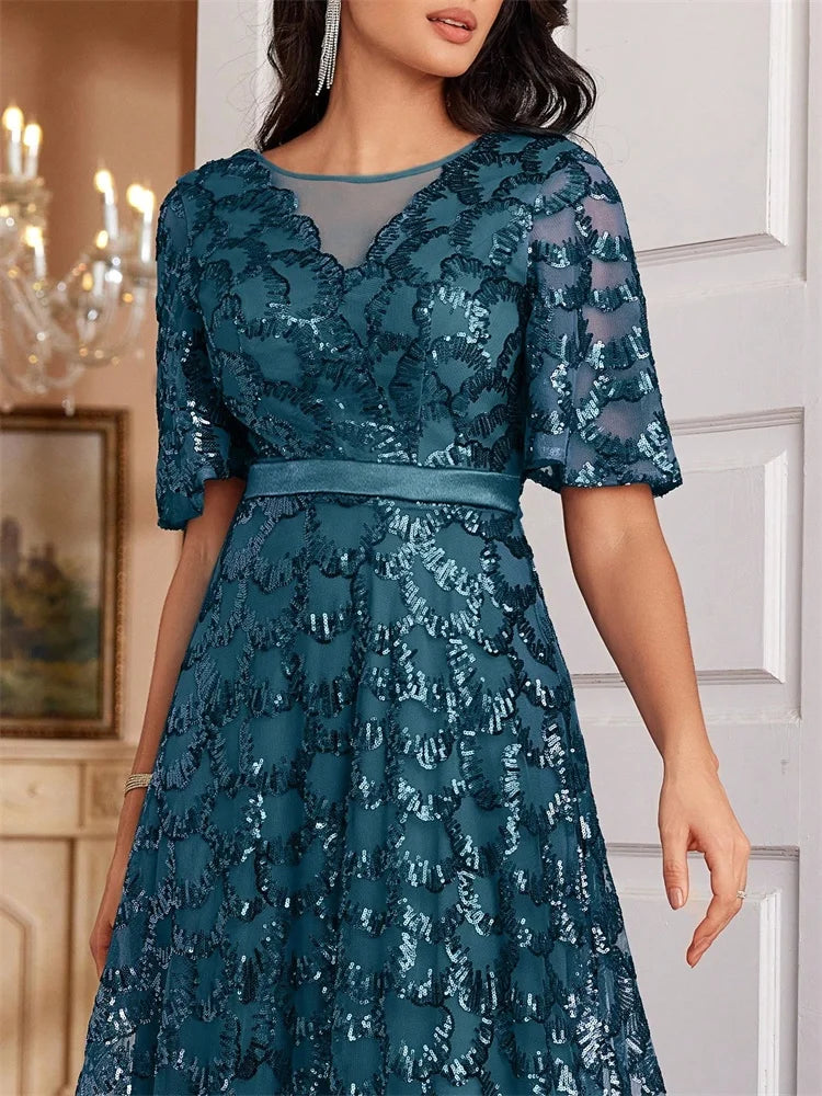 Elegant V-Neck Short sleeve Sequins Evening Dresses Long New Luxury Formal Mermaid Party Graduation Cocktail Gowns