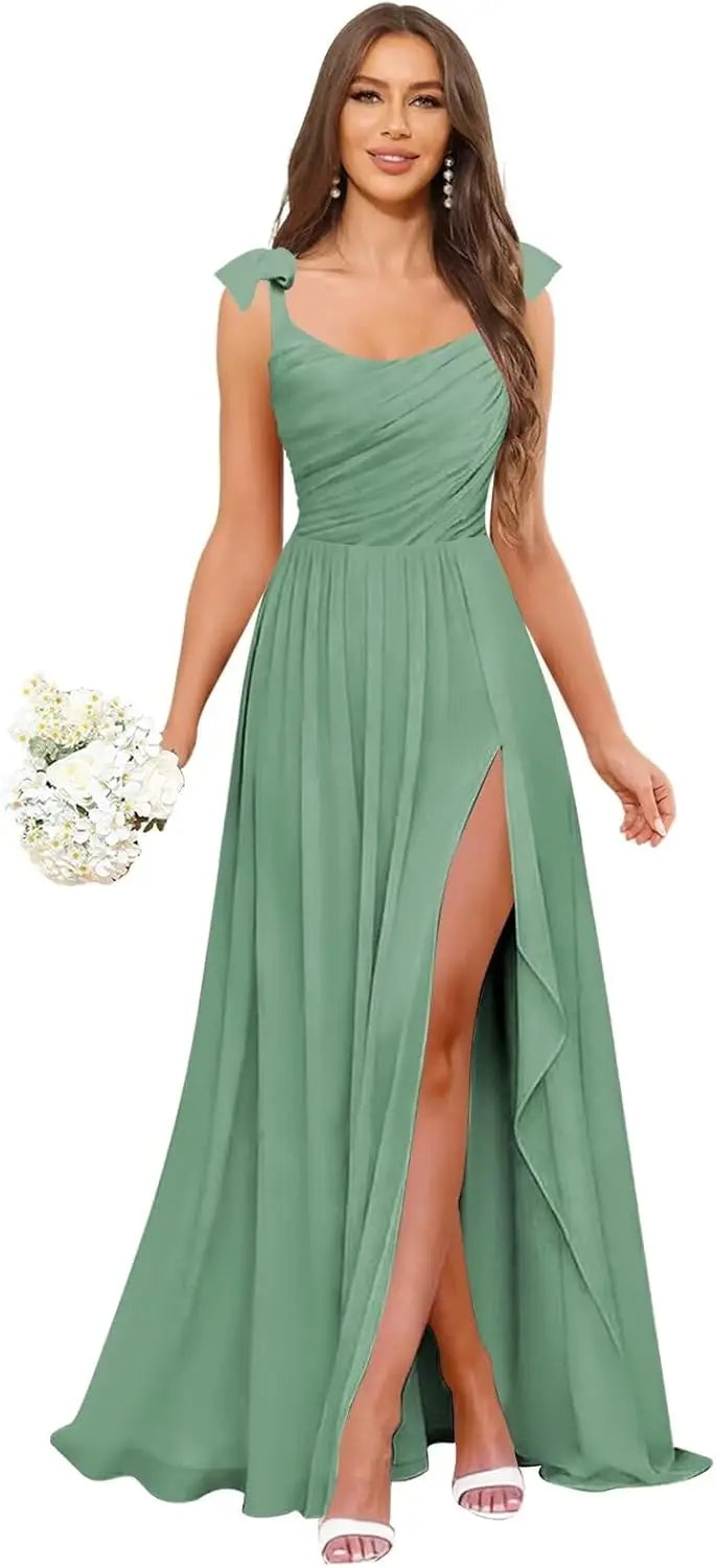 Square Neck Bridesmaid Dress with Ruffle Slit Chiffon Spaghetti Straps Ruched Bust Long Formal Prom Wedding Guest Gown