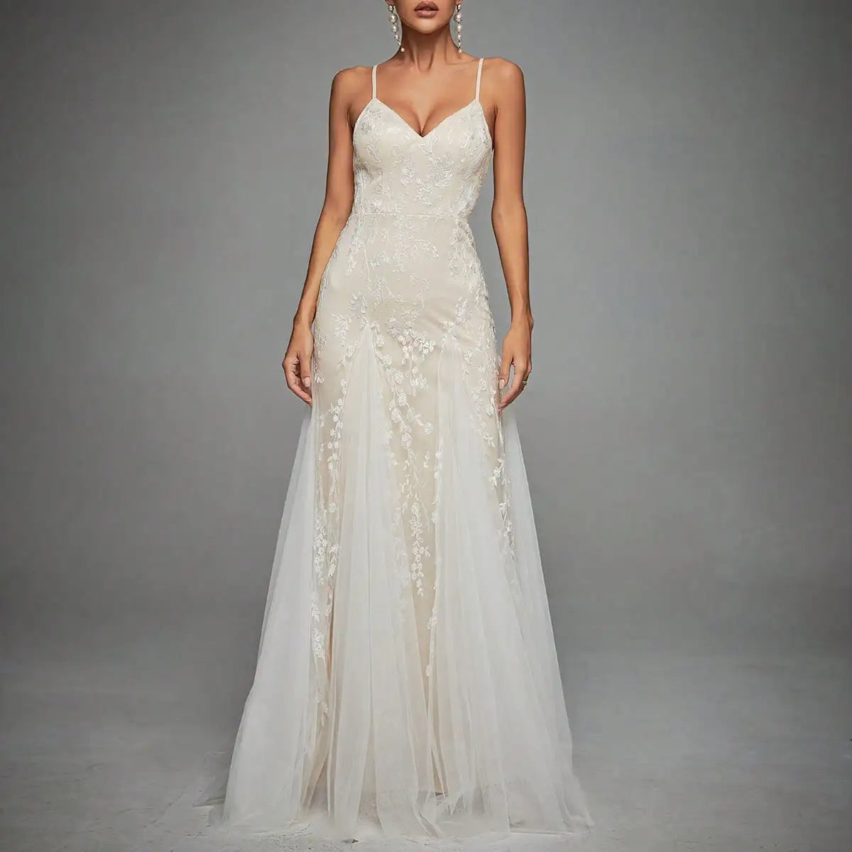 MgiacyPendant V-neck lace mesh with flag swing wedding dress