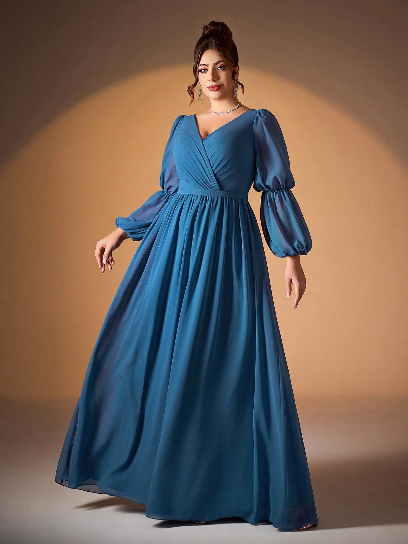 Mgiacyv-neck pearl chiffon double lantern long-sleeved grand swing high-end evening dress