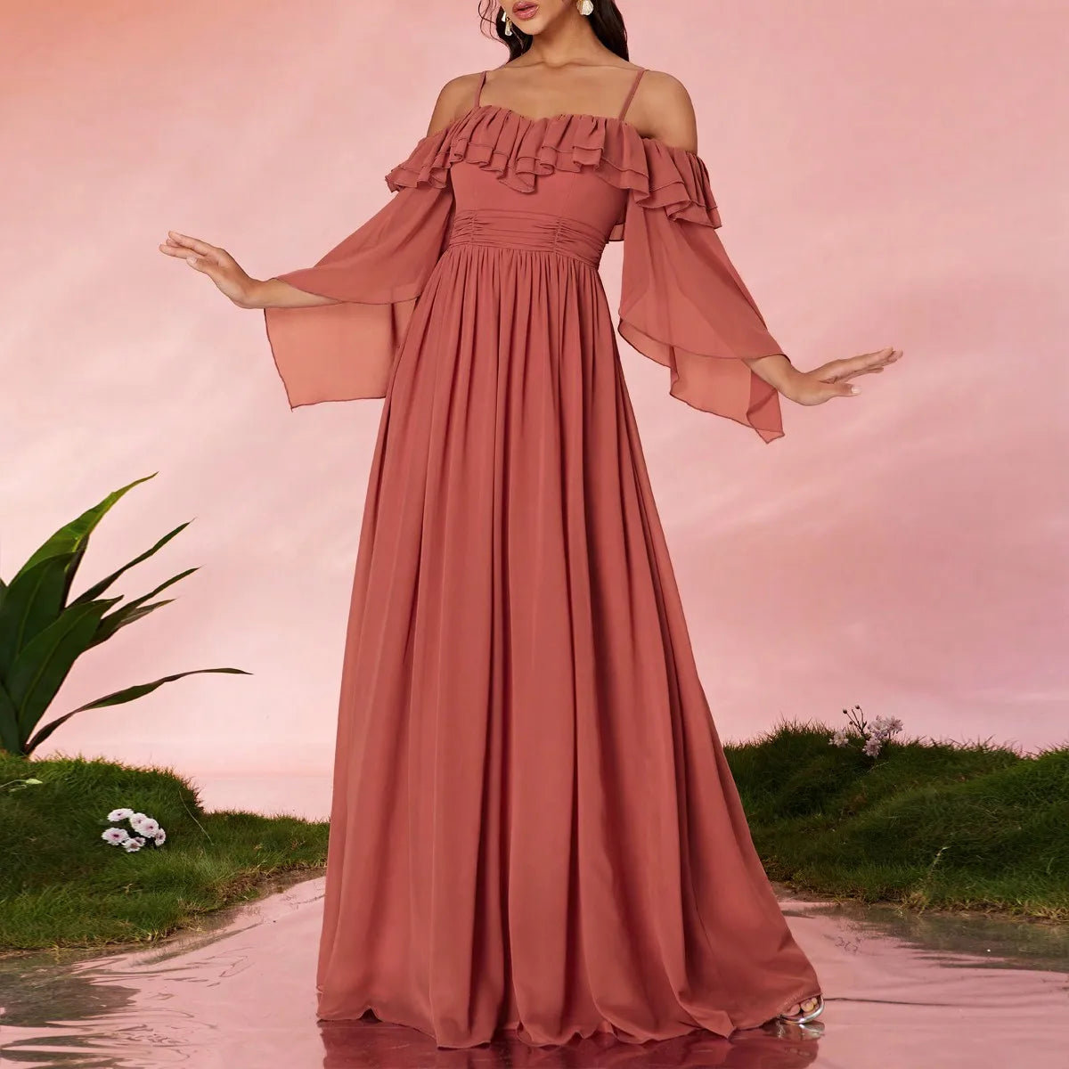 One-shoulder pearl chiffon ruffled collar long-sleeved wide-skirt high-end evening gown