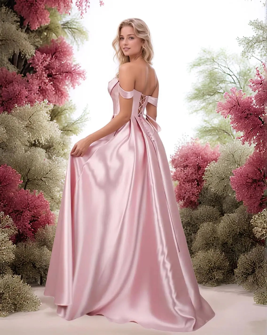 Satin Prom Dresses with Slit Strapless A Line Corset Ball Gowns Off Shoulder Formal Evening Gowns with Pockets Party Dresses