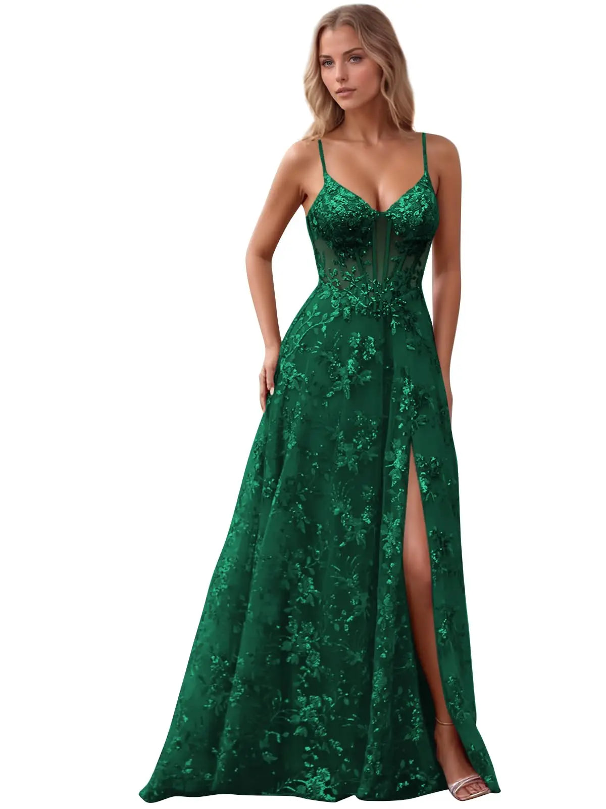 Spaghetti Strap Tulle Appliques Prom Dresses with Slit V Neck Sequin Evening Gown Women Formal Pageant Dress Long Party Dresses
