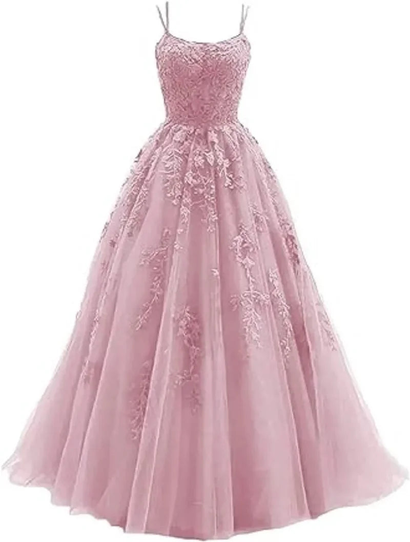 Tulle Spaghetti Straps Prom Dresses Long Lace Appliques Ball Gowns for Women