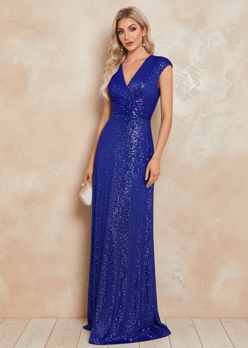 Women Elegant V-neck Mermaid Evening Dress Floor Length Formal Blue Prom Party Gown Sequins Sleeveless Vestidos