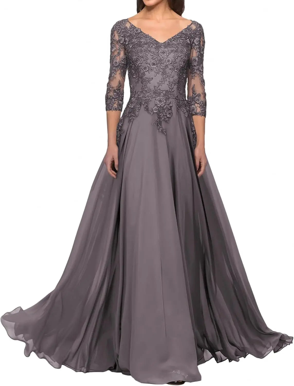 Elegant V Neck Lace Applique 3/4 Sleeve Mother of The Bride Dresses Chiffon A-Line Formal Evening Party Gowns