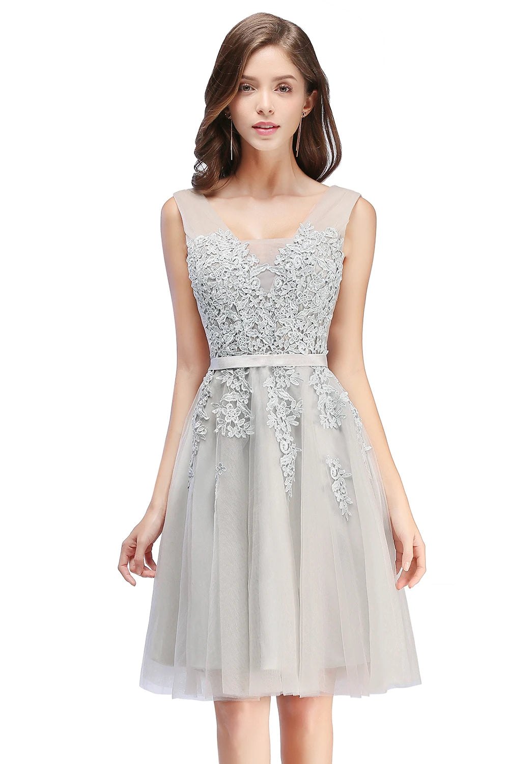 BABYONLINE Burgundy Bridesmaid Dresses with Lace Appliqué, V-Back & Flowy Tulle Skirt for Weddings,Elegant Short Party Dress