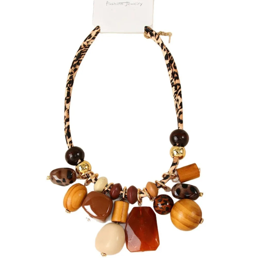 Boho Leopard Print Resin Bead Statement Necklace, Earth Tone Fashion Jewelry for Women, Vacation & Daily Wear Accessory