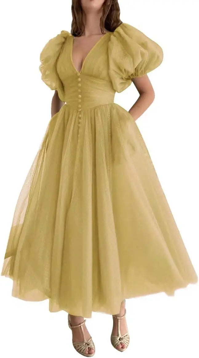 Puffy Sleeve Prom Dresses for Women Dotted Tulle V Neck Formal Evening Party Gowns Tea Length Formal Dress Women Elegant