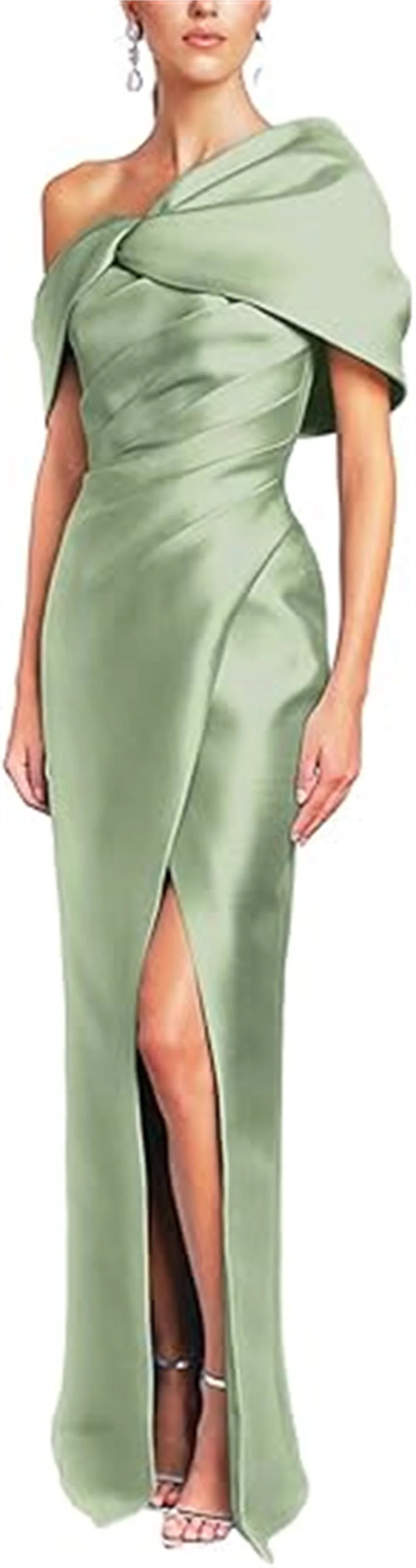 Women Mermaid Satin Floor Length Evening Gowns Sheath High Side Slit One Shoulder Ruched Backless Wedding Guest Dress