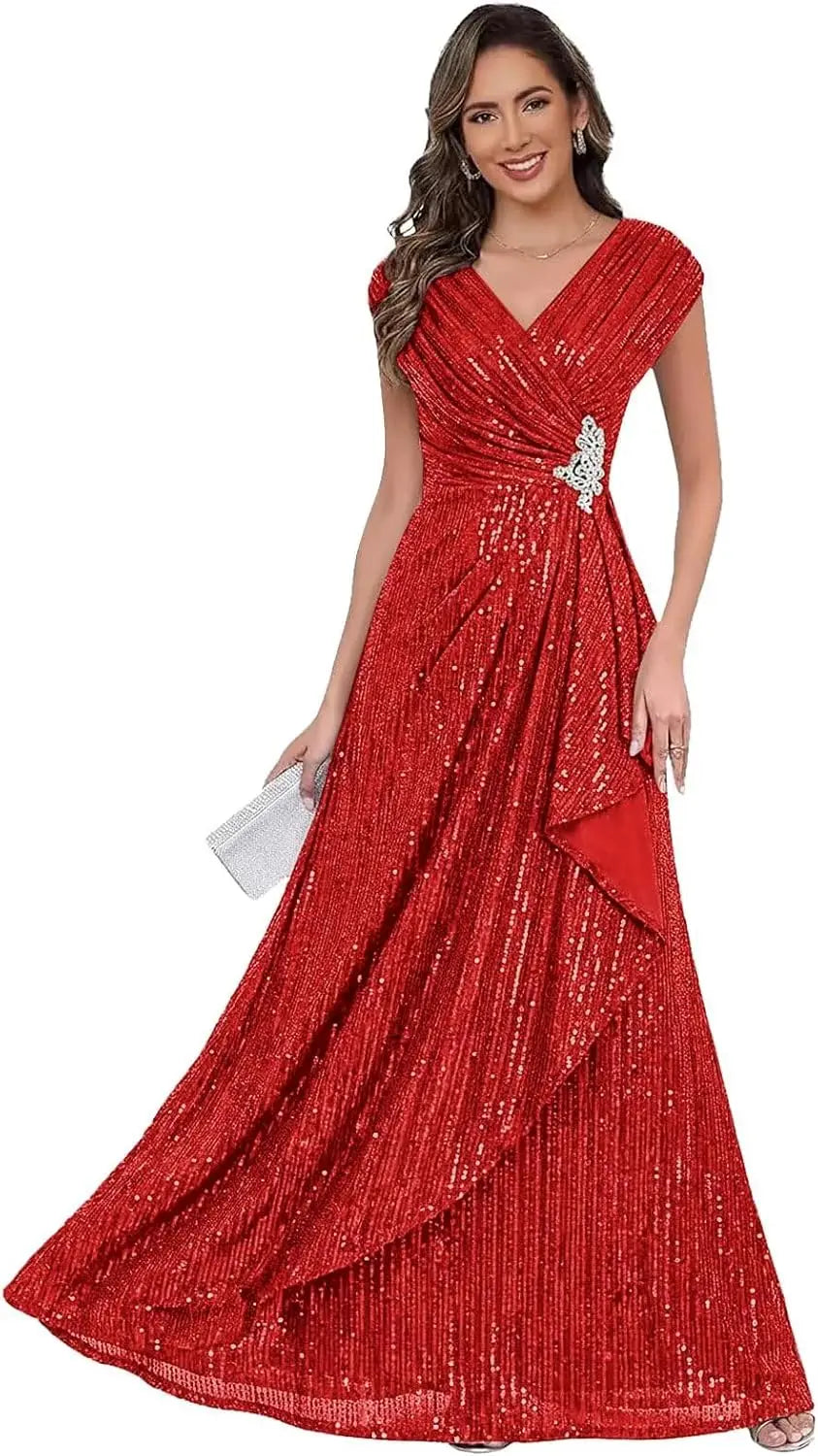 Sparkly Sequin A Line Mother of The Bride Dresses for Women Ruffles Long Formal Dress V Neck Evening Party Gown Dress
