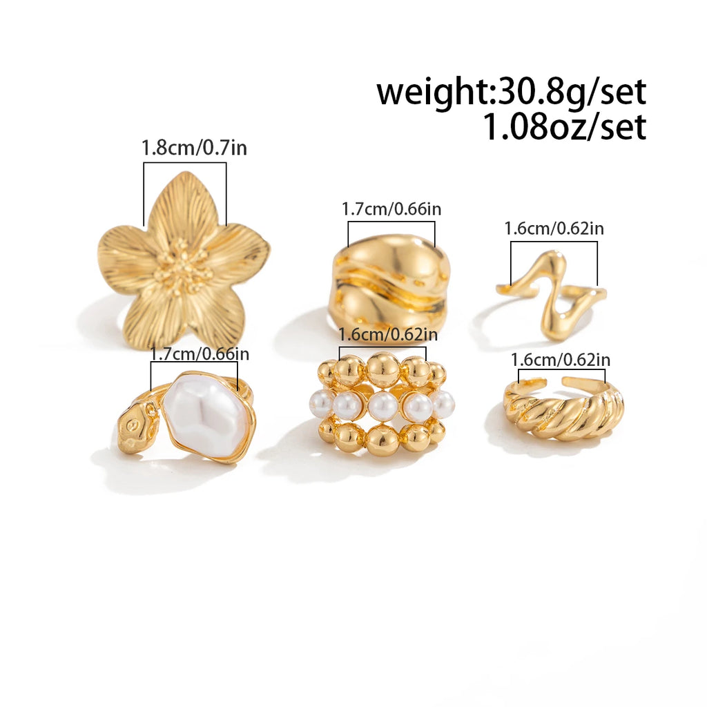 Ingemark 6Pcs/Set Boho Imitation Pearls Metal Ring Women Trendy Punk Irregular Geometry Hollow Wide Knuckle Ring Set New Jewelry