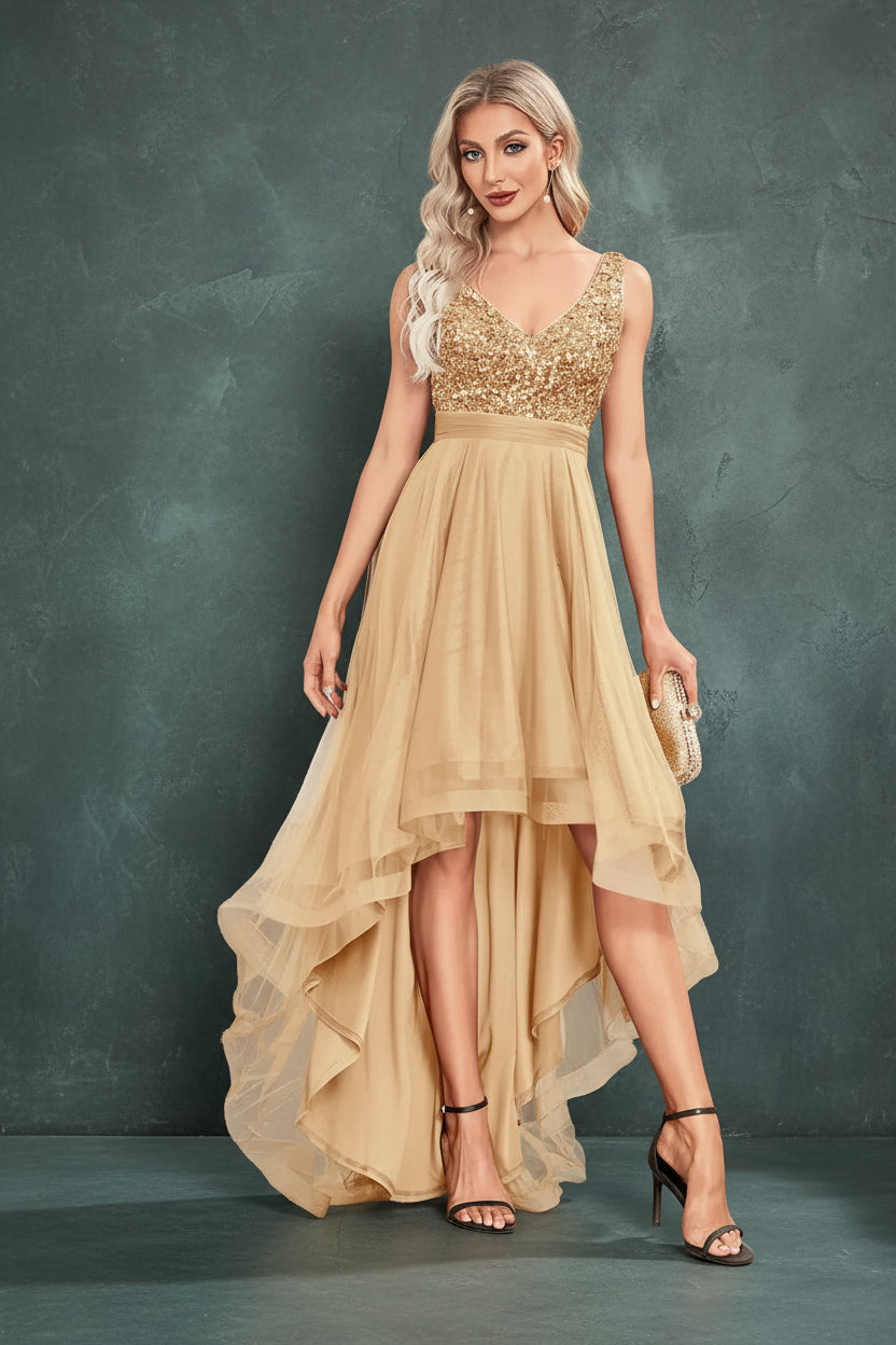 Elegant Women Sleeveless Sequins V-Back Floor Length Formal Evening Dresses Luxury V-neck Wedding Party Cocktail Gowns