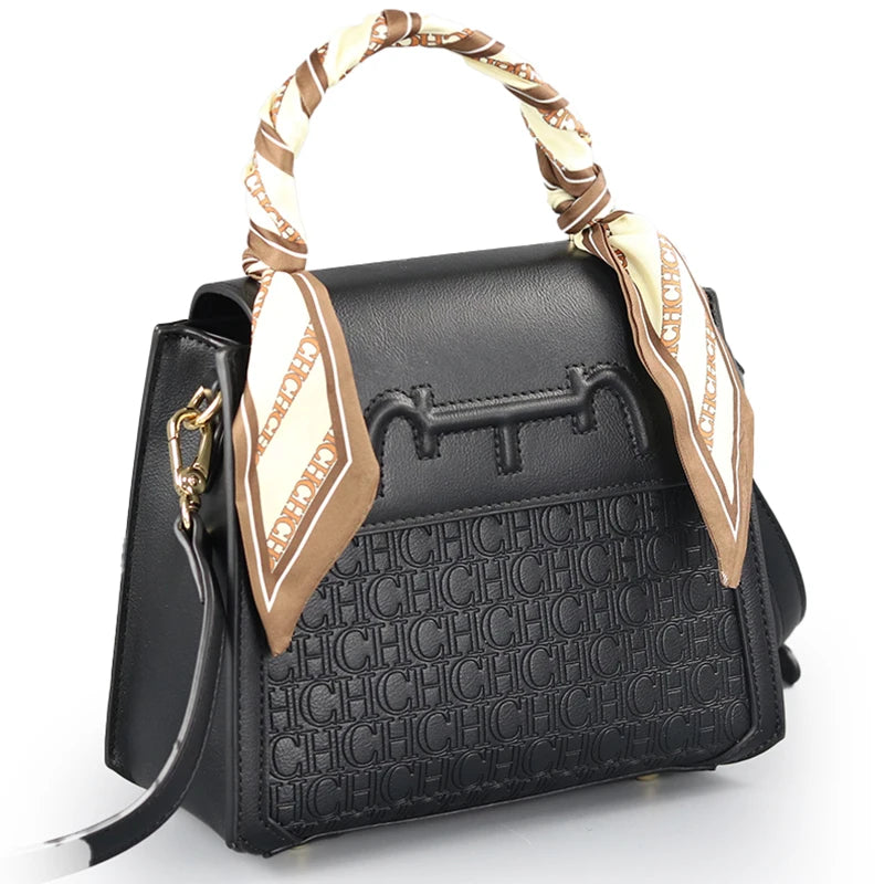 CH Women's Monogram Embossed Crossbody Bag with Scarf Handle & Horsebit Detail Fashion Shoulder Bag for Daily/Party