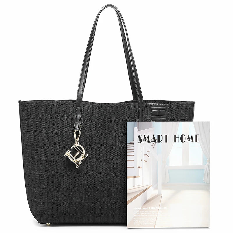 CH Fashion Women's Large Capacity Tote Bag Monogram Embossed Handbag with Metal Daily Commute Work Shoulder Bag