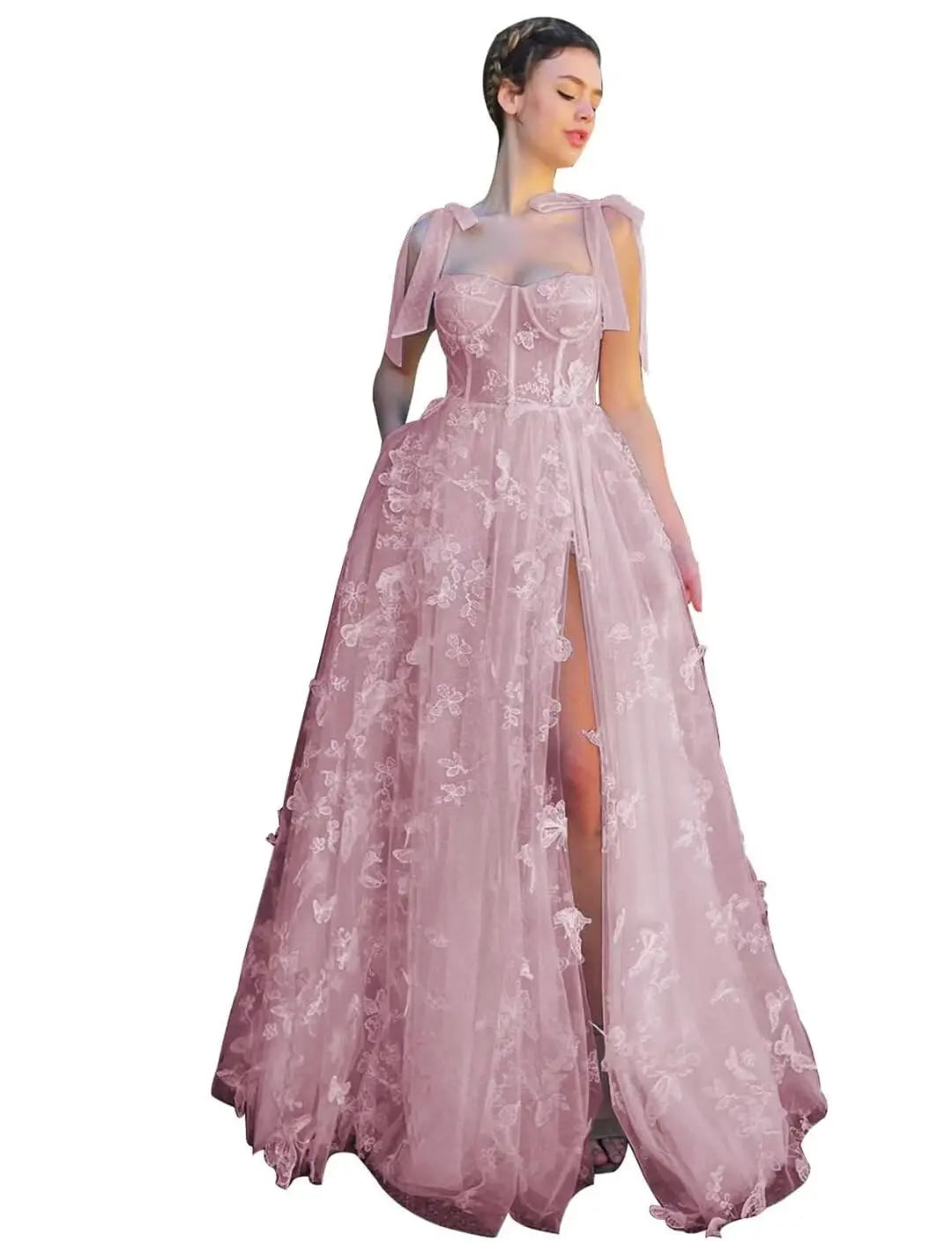 3D Butterfly Tulle Corset Prom Dresses for Teens Formal Fairy Ball Gowns Spaghetti Straps Evening Gown with Slit Party Dresses