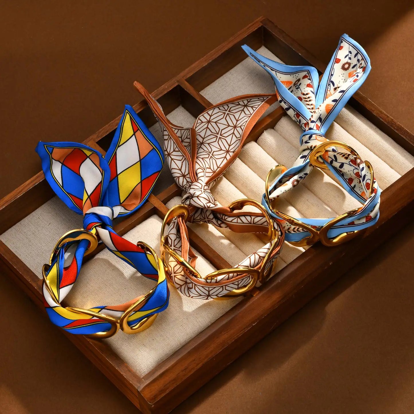 Luxury Simulated Silk Printed Silk Scarf Cuff Bracelet for Women,Stainless Steel Hollow Open Cuff Bracelets,Vintage Jewelry Gift