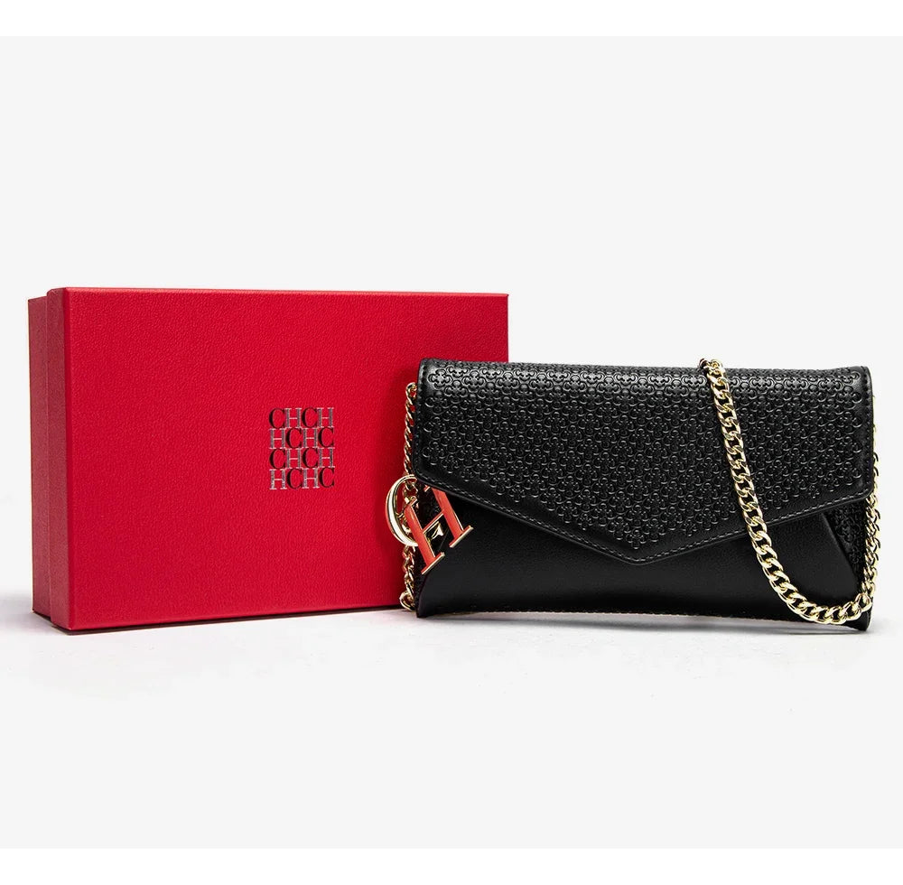 CH Women's Crossbody Bag Stylish Textured Leather Clutch Gold Chain Logo Detail Evening Party Purse Must Have Hot Sale