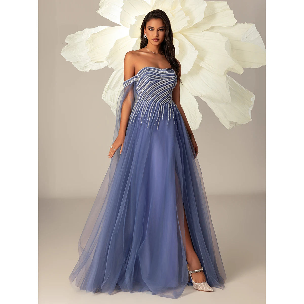 VIPGIRL Women's Dusty Blue Off-Shoulder Beaded Tulle Evening Gown High Slit A-Line Prom Dress