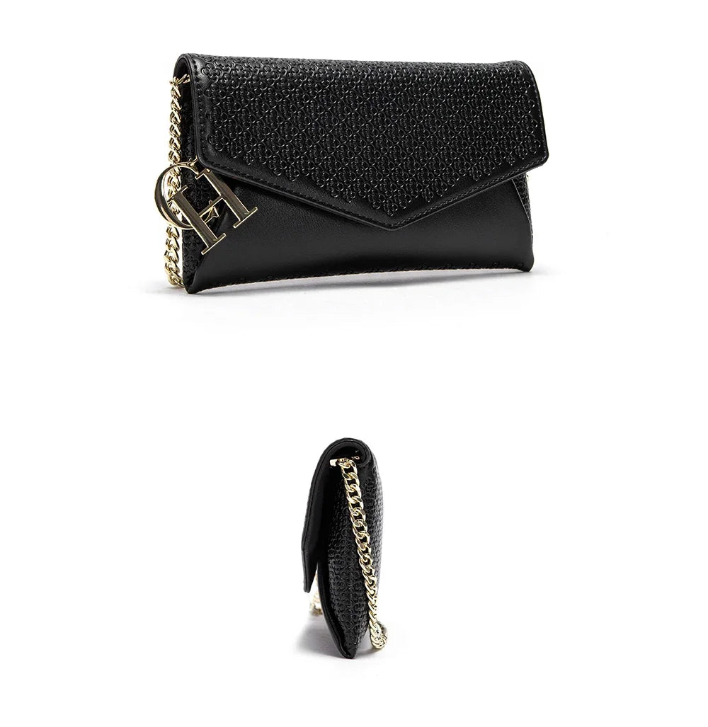 CH Women's Crossbody Bag Stylish Textured Leather Clutch Gold Chain Logo Detail Evening Party Purse Must Have Hot Sale