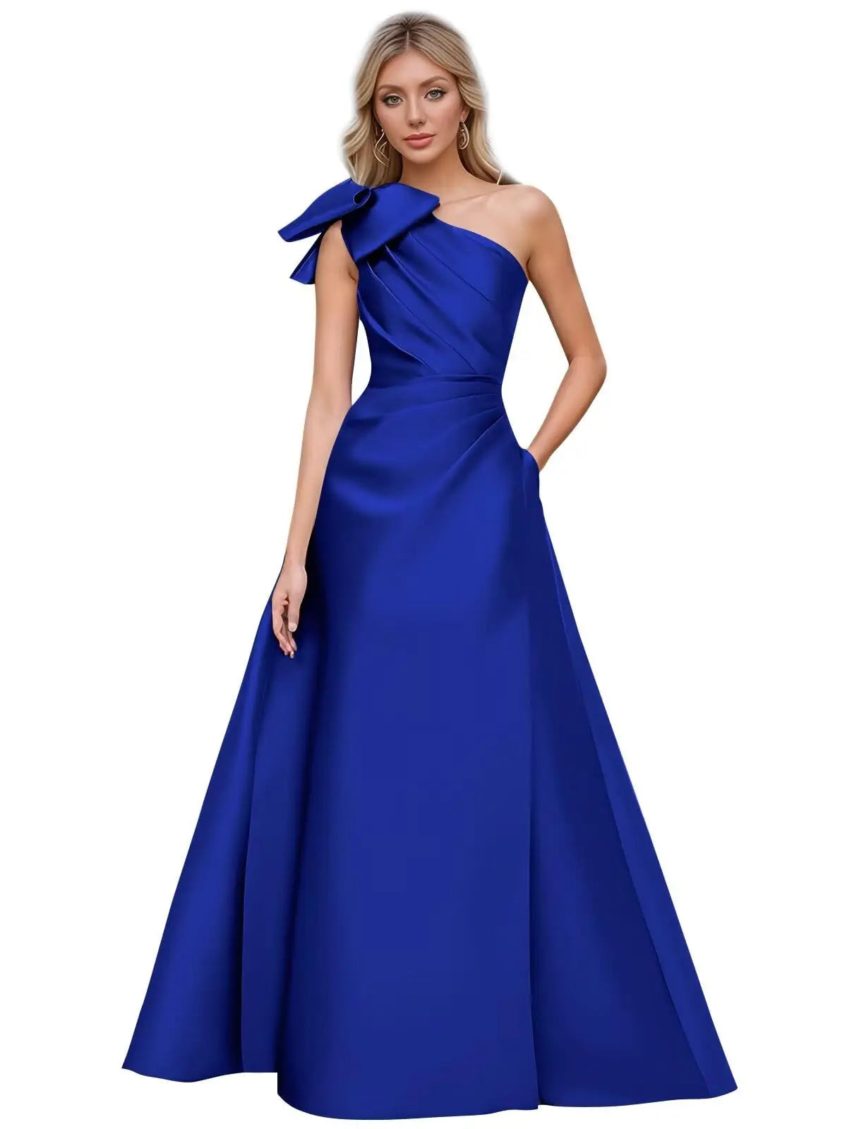 Women’s One Shoulder Prom Dresses Satin Mother of The Bride Dresses A Line Modest Formal Evening Gown with Bow