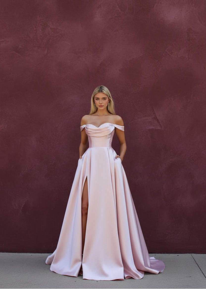 Satin Prom Dress for Women Off The Shoulder Formal Evening Dresses with Slit Sweetheart Ball Gown