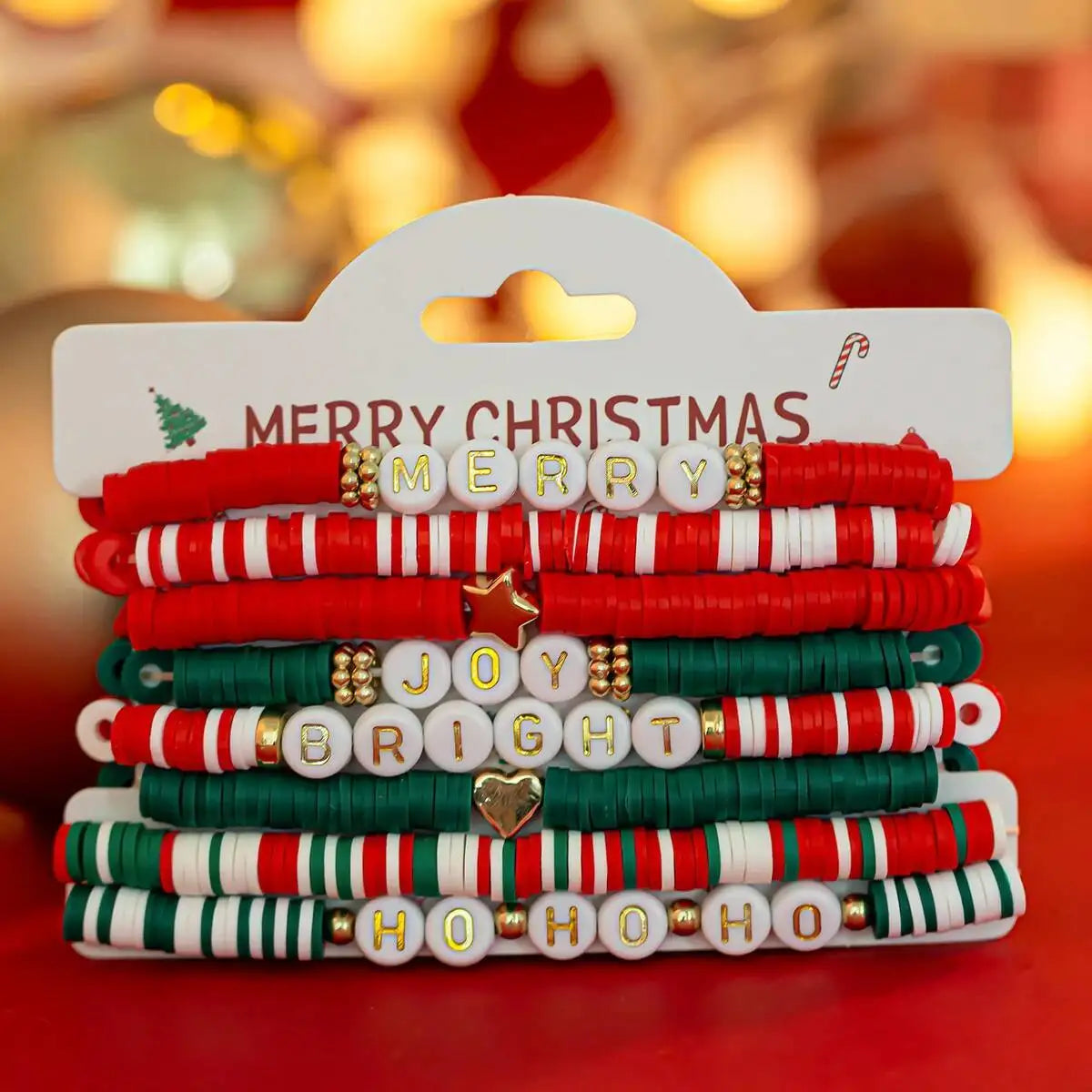 Salircon 8 Pcs Y2K Christmas Series Polymer Clay Bead Adjustable Bangles Women New Year Elastic Stackable Bracelets Jewelry Gift