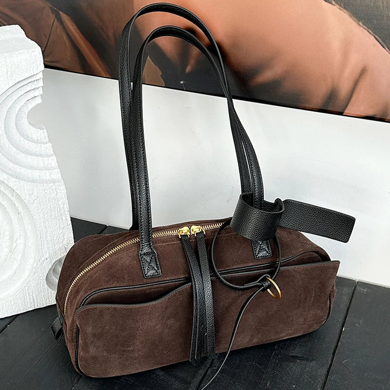 Autumn winter Women's Cow Genuine Leather Tote Bag suede commuting Cowhide Handbags Large Capacity Designer Luxury velvet Bags