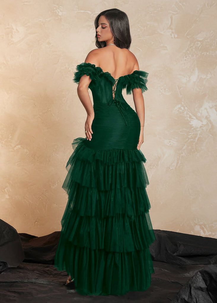 VIPGIRL Women's Emerald Green Off-Shoulder Prom Dress Tulle Ruffle Ruched Corset High Slit Lace-Up Mermaid Evening Gown