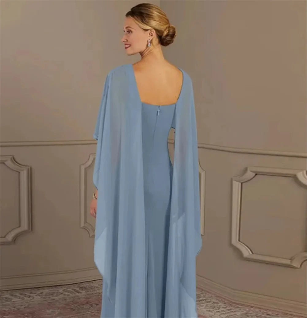 Women's Formal Dress Short Sleeves Scoop Neck Evening Dress Floor Length Chiffon Mother Of The Bride Dresses With Cap
