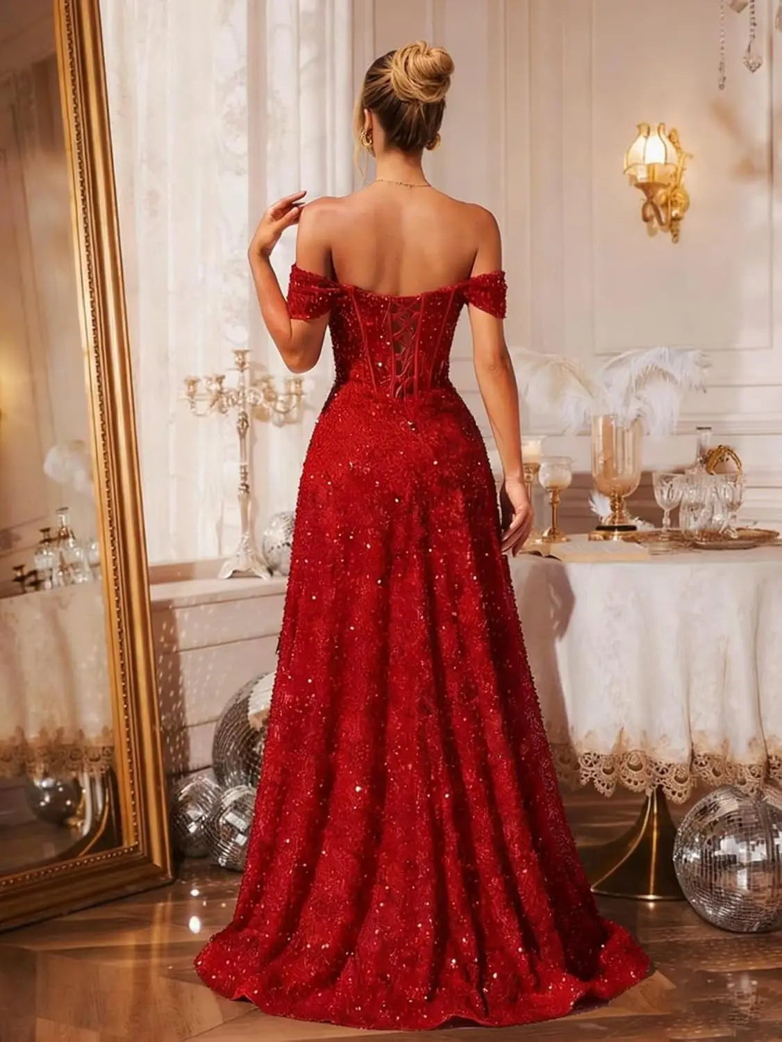 Customized Sparkly Sequins Prom Dresses for Women Off Shoulder Strapless A Line Formal Evening Dress with Side Slit