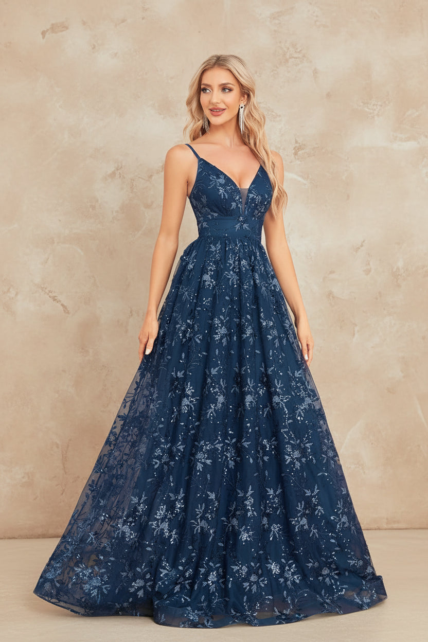 Elegant Sequins Sexy Backless Evening Dress For Women Deep V-neck Prom Party  Dress Floor Length Blue Formal Gowns