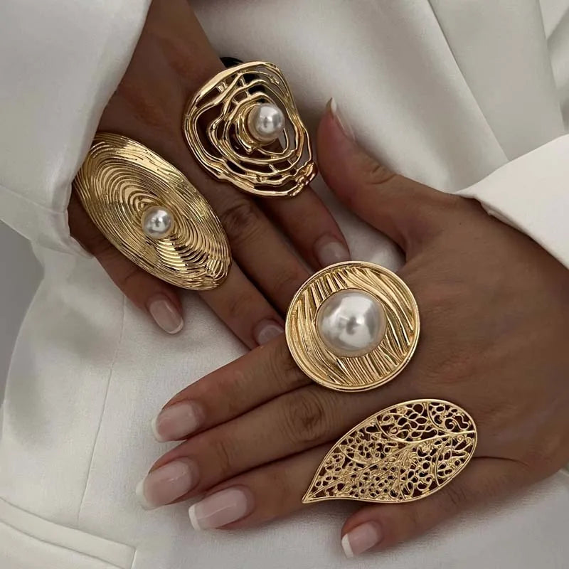 Exaggerated Metal Big Pearl Flower Rings for Women Retro Gold Color Irregular Geometric Circle Leaf Opening Finger Ring Jewelry