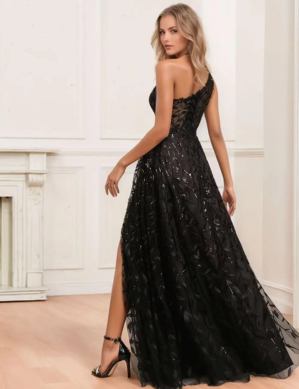 Lace Embroidered sequins Prom Dresses for Women One Shoulder Formal Party Dress Sleeveless Maxi Evening Gown with Slit