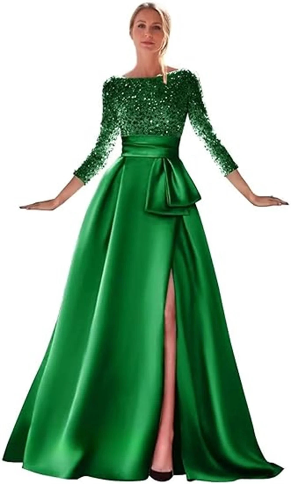 Long Sleeves Mother Of The Bride Dresses For Wedding Sparkly Sequin Ball Gowns Side Slit Satin Formal Party Prom Gown