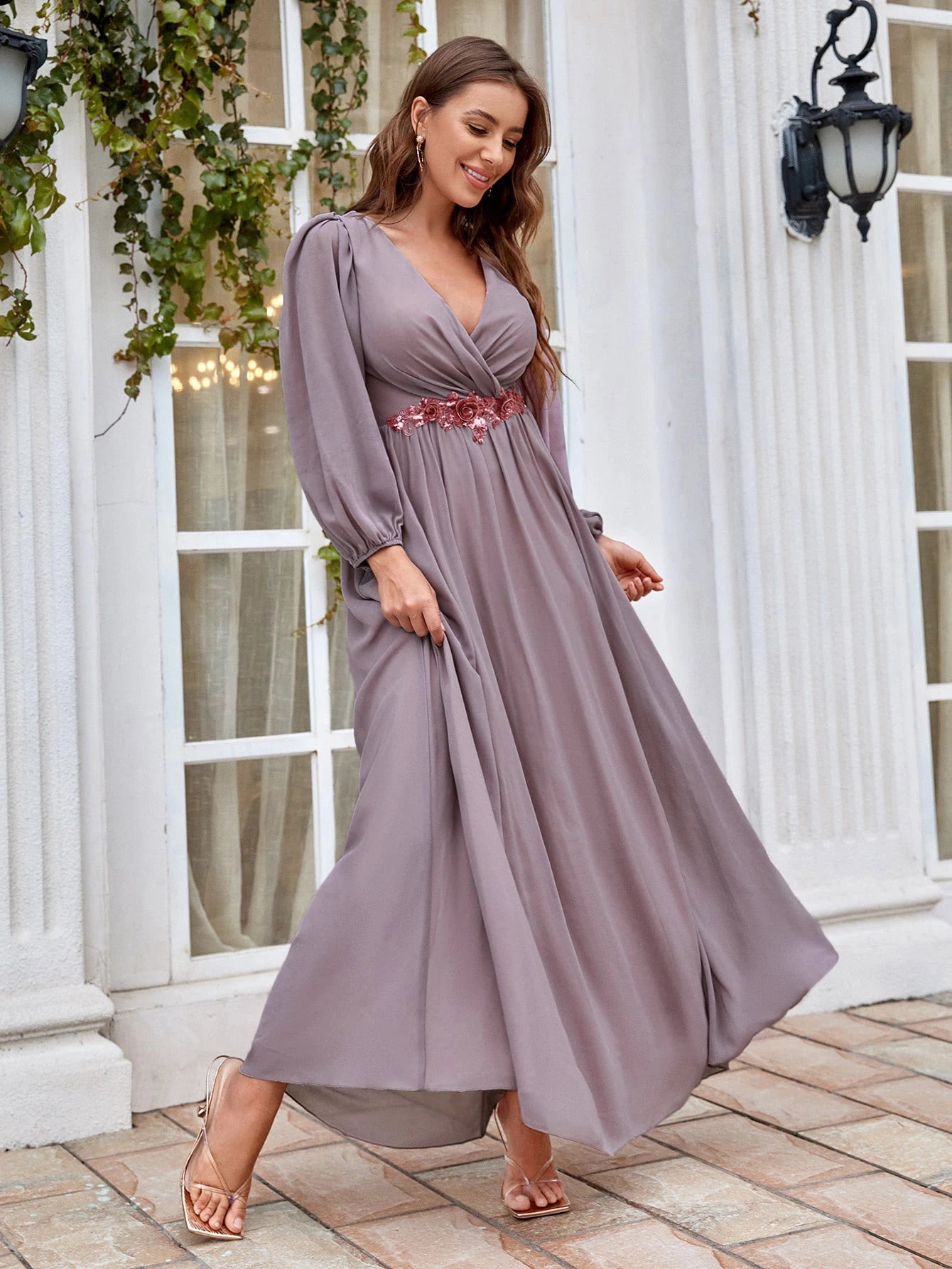 Mgiacy V-neck long sleeve beaded print extra long chiffon Dress
