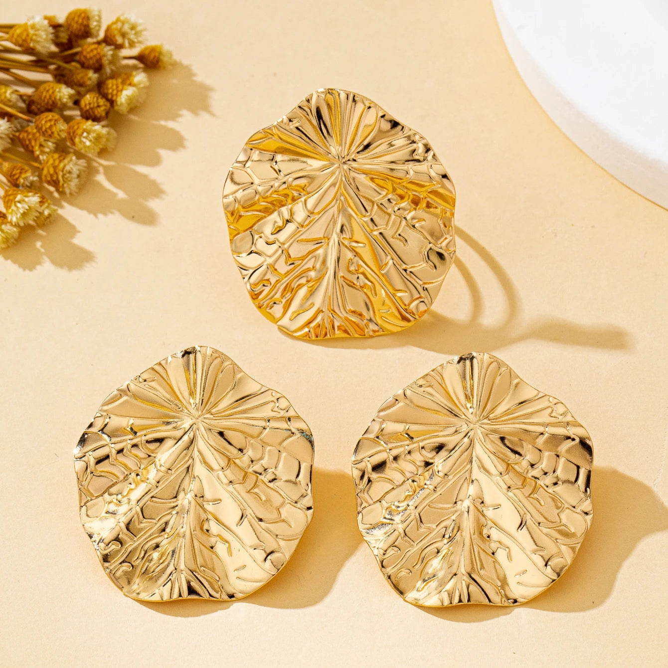 Irregular Round Hammered Pattern Earrings and Ring Set