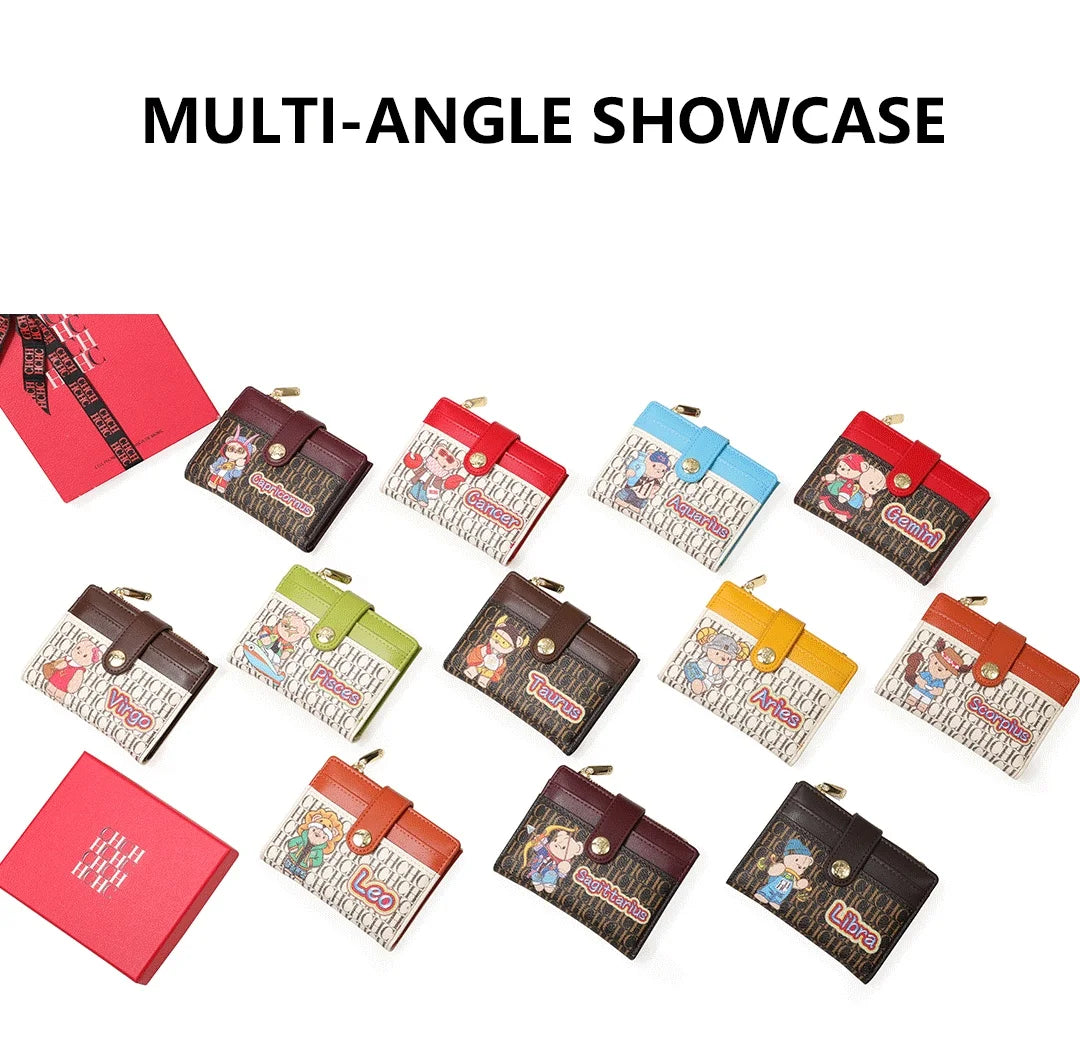 CH Women's Money Clip Niche Design Premium Feeling Card Wallet Twelve Zodiac Signs Animated Patterns Printed Design Wallet High