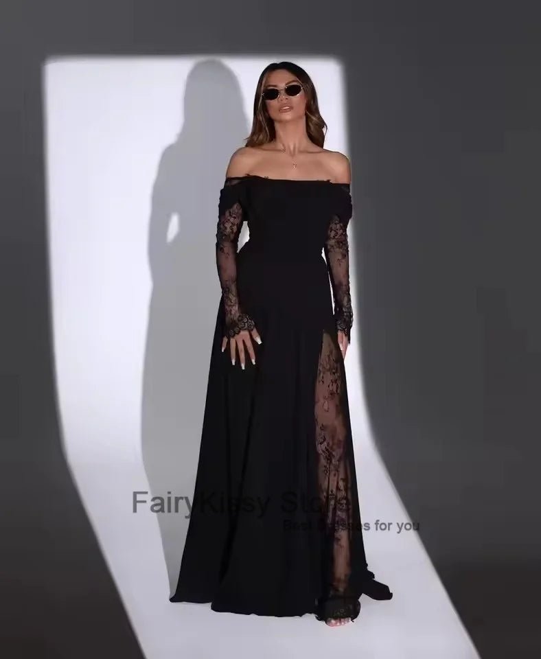FairyKissy Black A - Line Prom Evening Dresses Sexy Long Sleeve Lace Split Satin Party Dress Formal Cocktail Prom Gowns - TrendNest