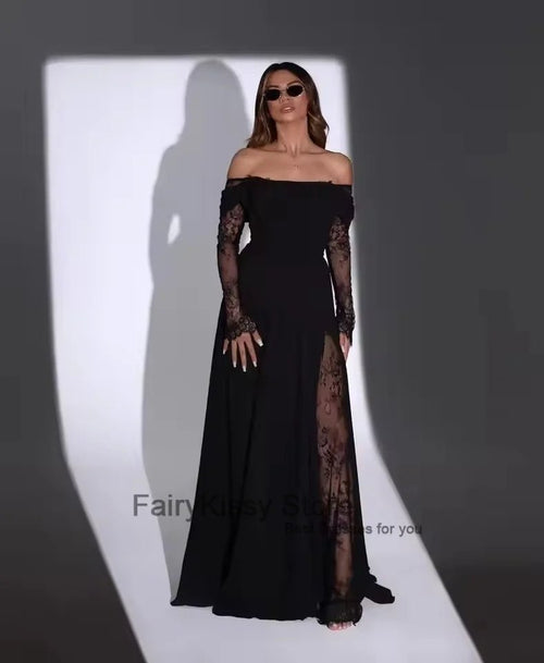 FairyKissy Black A - Line Prom Evening Dresses Sexy Long Sleeve Lace Split Satin Party Dress Formal Cocktail Prom Gowns - TrendNest